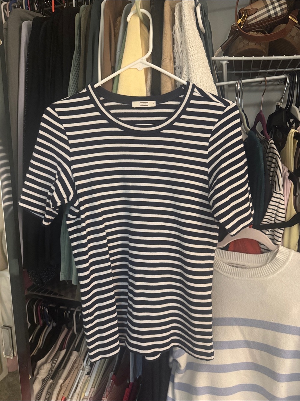 AYR Navy and White Striped Crewneck Tee